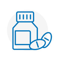 A simplified graphic icon of a medication bottle and pills