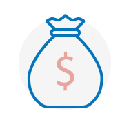 A simple, stylized icon of a money bag on a white circular background