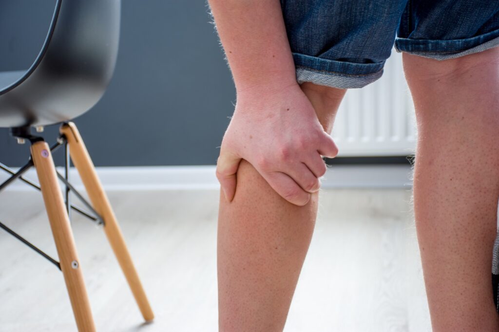 Cramping or burning pain in the calf, thigh, or even hip muscles